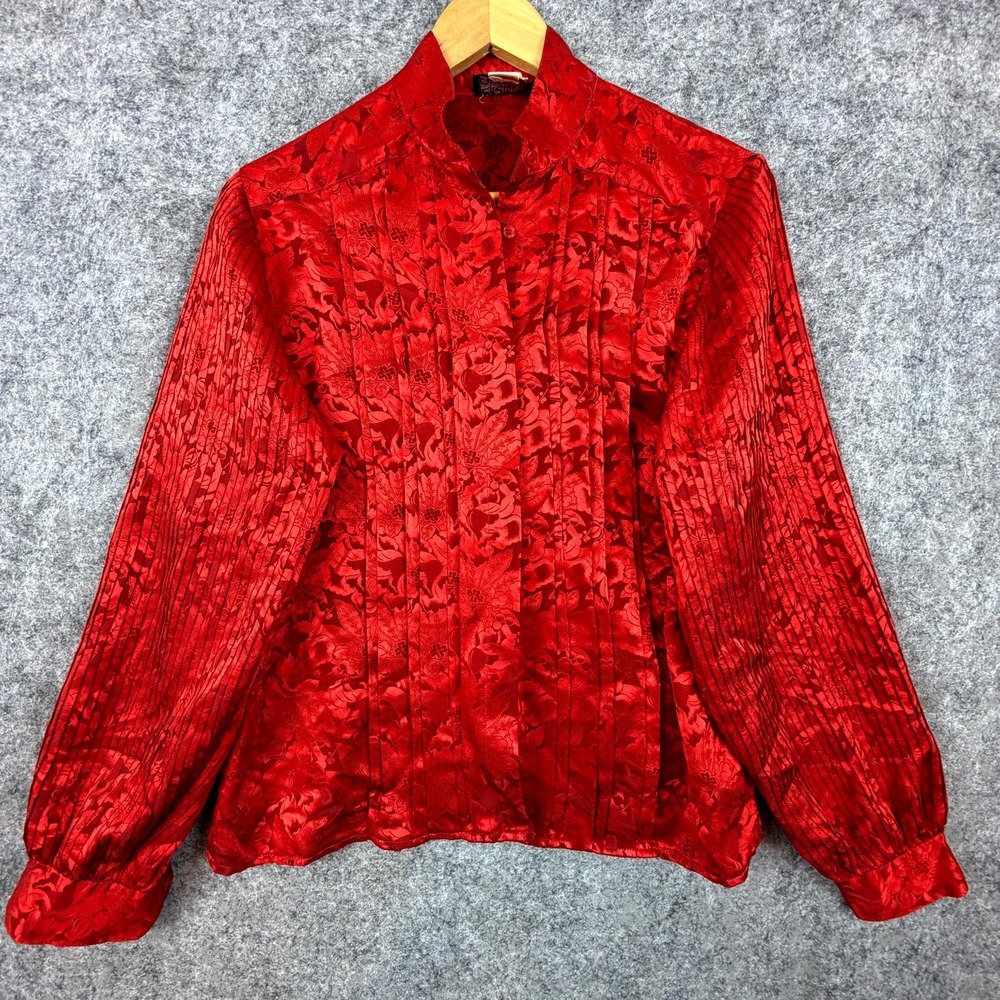 Vintage Erena‎ by Irene Koenig Blouse Womens 6 Red Floral Jacquard Office Siren